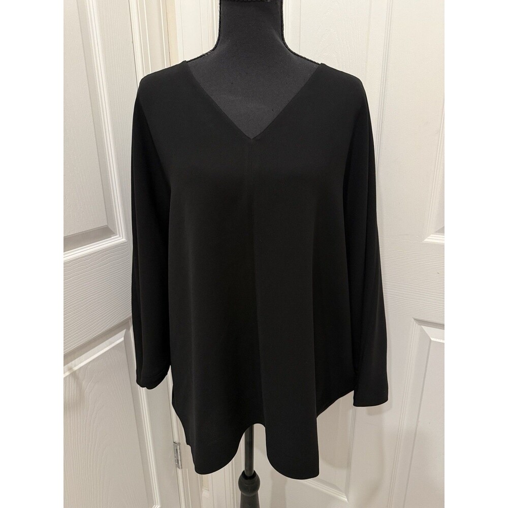 Lafayette 148 New York Womens L Black Finesse Crepe V Neck Dolman Tunic Top